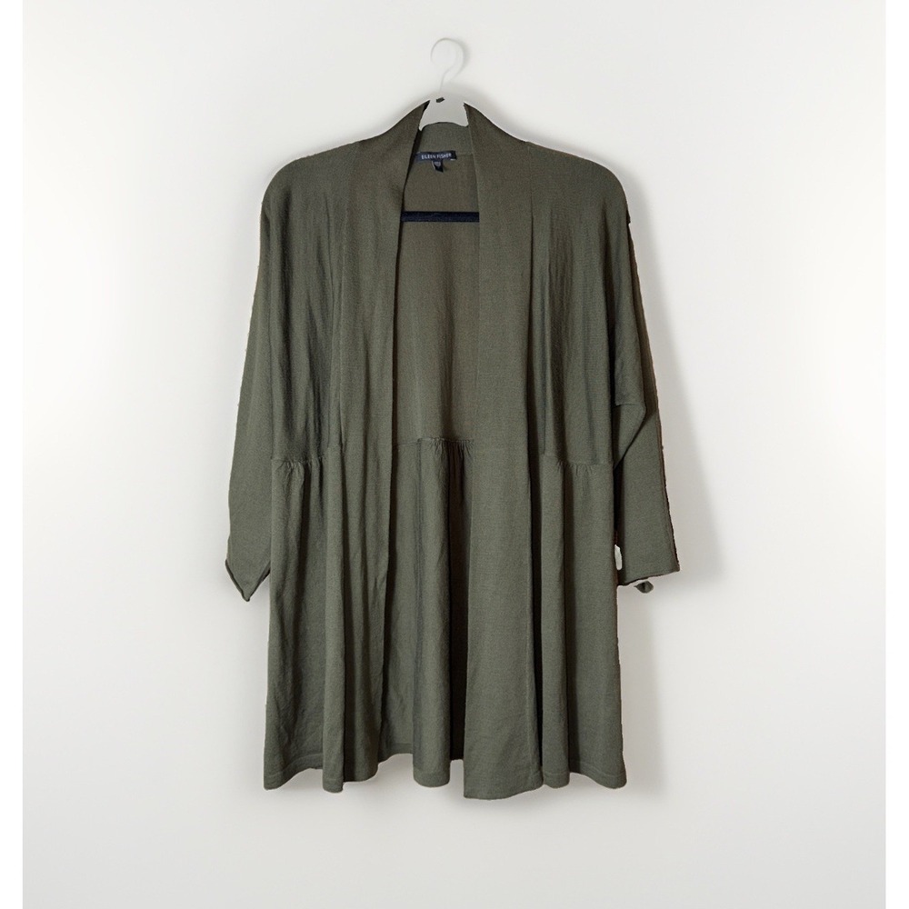 Eileen Fisher Open Front Green Cardigan 100% Merino Wool Large 3/4 Rolled Sleeve